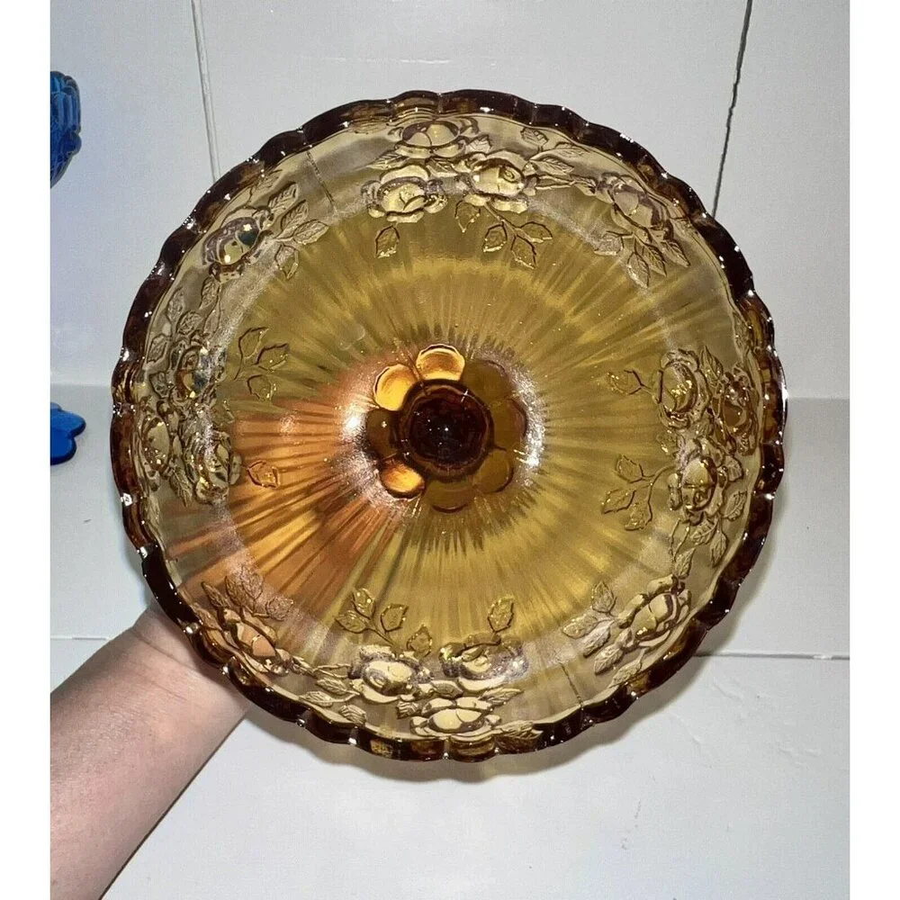 Vintage Fenton Cabbage Rose, Amber Glass Footed Compote‎ Candy Dish